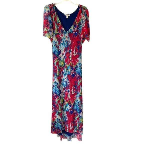 Weston Wear Long V-Neck Mesh Maxi Dress Belted Blue Red size large - Picture 1 of 8
